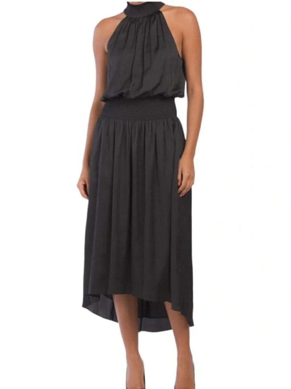 Ramy Brook Belle Black Satin Smocked Waist Halter Midi Maxi Dress Women's size L